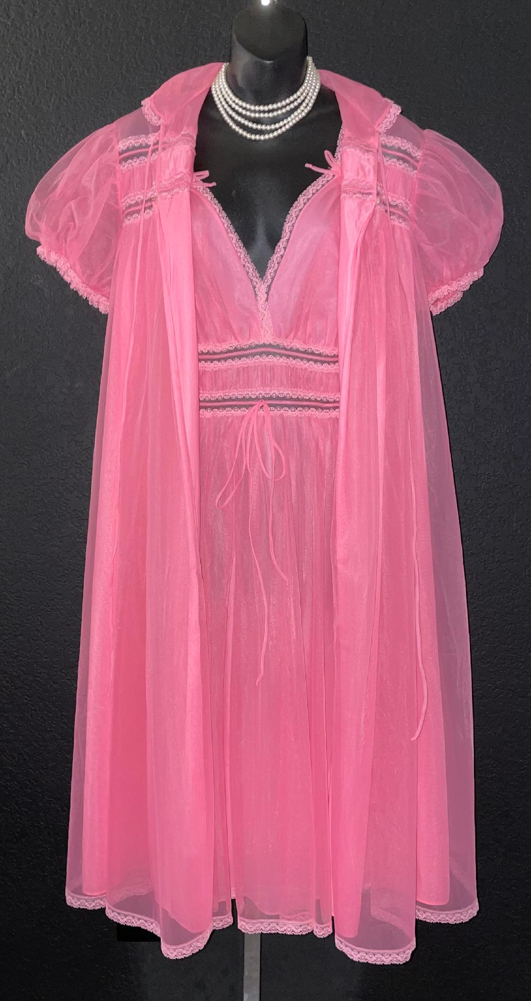 Exclusive Collection Vintage 1950s Gotham Gold Stripe Shocking Pink Chiffon Overlay Nightgown 5864